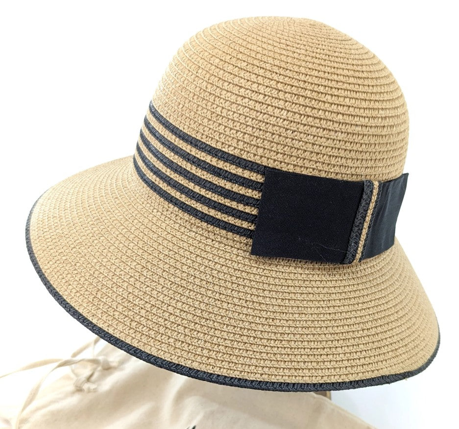 Folding Cloche  Hat - Natural with Black Stripe Band