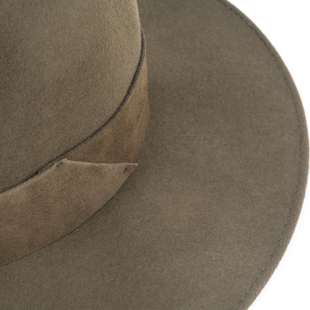 Wool Wide Brim Olive Hat with Large Suede Leather Band – Stylish & Durable