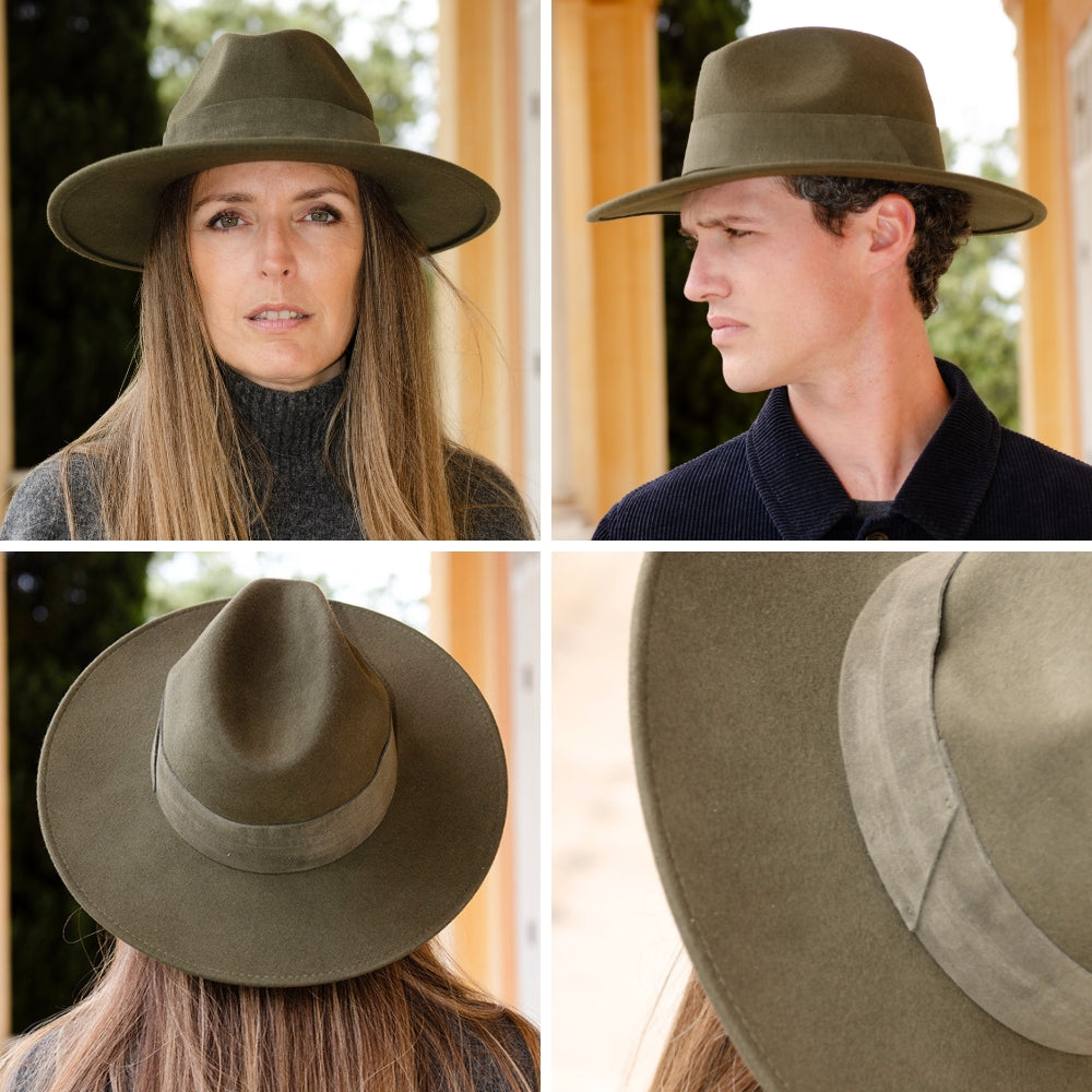 Wool Wide Brim Olive Hat with Large Suede Leather Band – Stylish & Durable