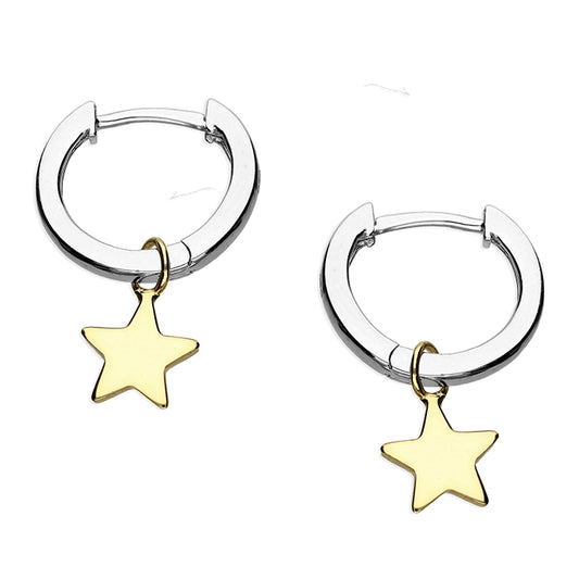 Silver Earrings Plain Gold Star on Huggie Hoop