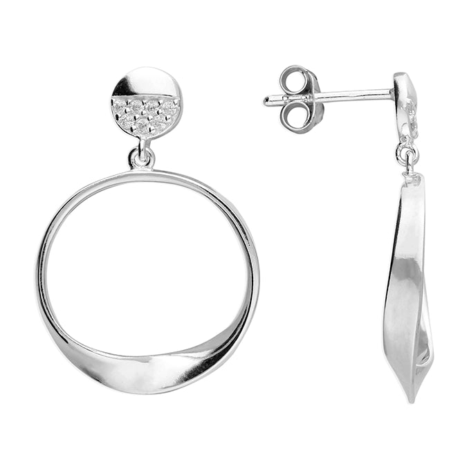 Silver Earrings cubic zirconia stud disc with twist hoop