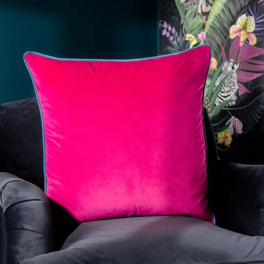 Meridian Velvet Feather Cushion-Raspberry/Teal