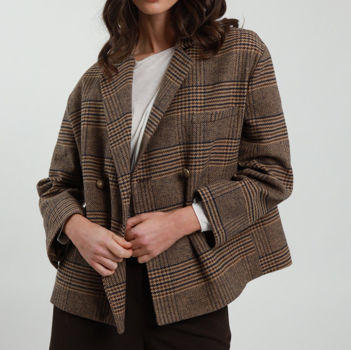 Double Breasted Navy and Brown Check Jacket