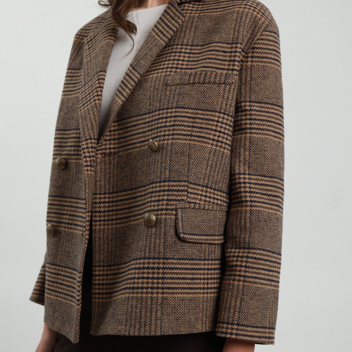 Double Breasted Navy and Brown Check Jacket