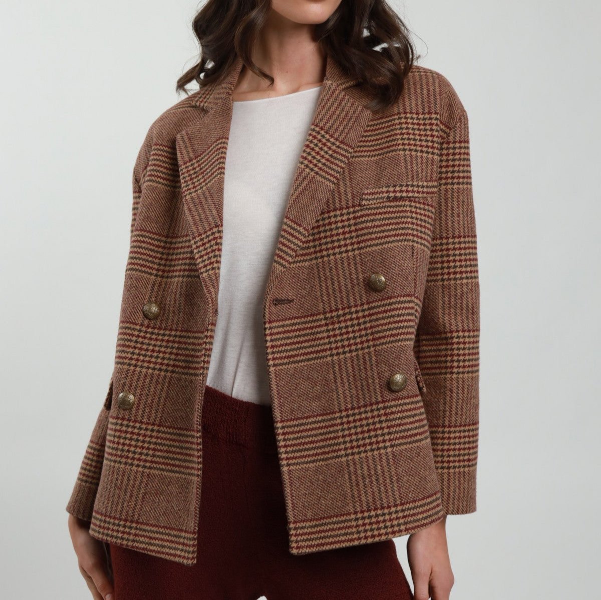 Double Breasted Burgundy and Olive Check Jacket