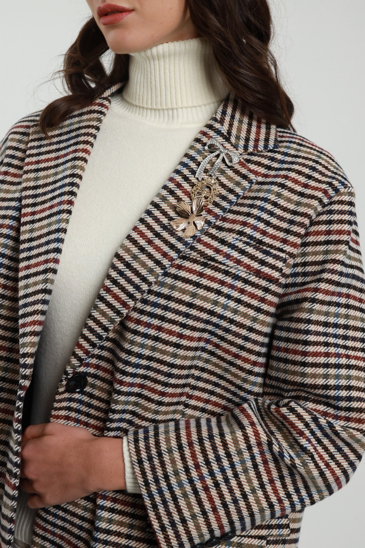 Oversized Check Jacket with Rhinestone Brooch Detail