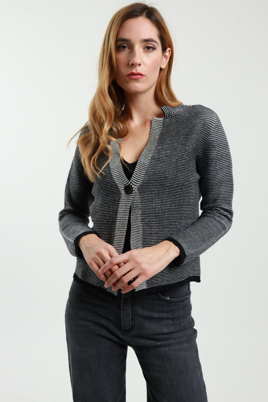 Cardigan with 1 Button Closure and Ribbed Detail – Soft Blend Fabric-One Size