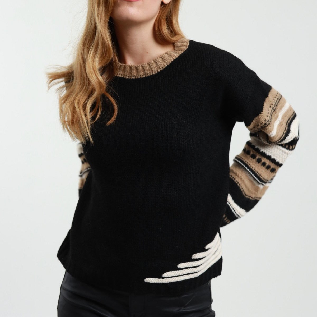 Contrast Stripe Crewneck Sweater-Black