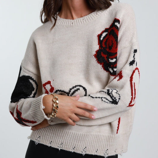 Crew Neck Latte Flower/Heart Jumper