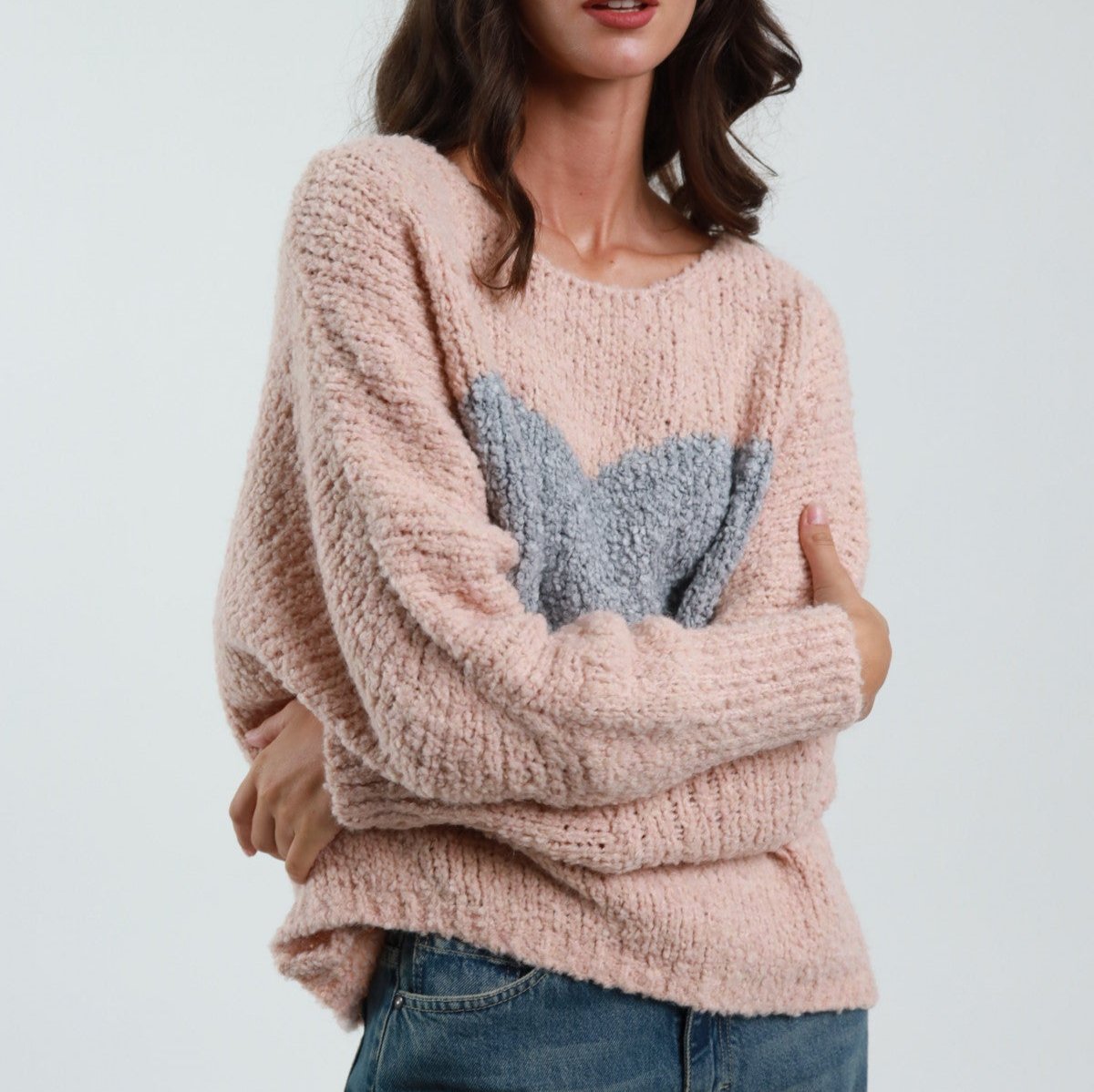 Boat Neck Sweater with Contrasting Heart – Soft Blend Fabric