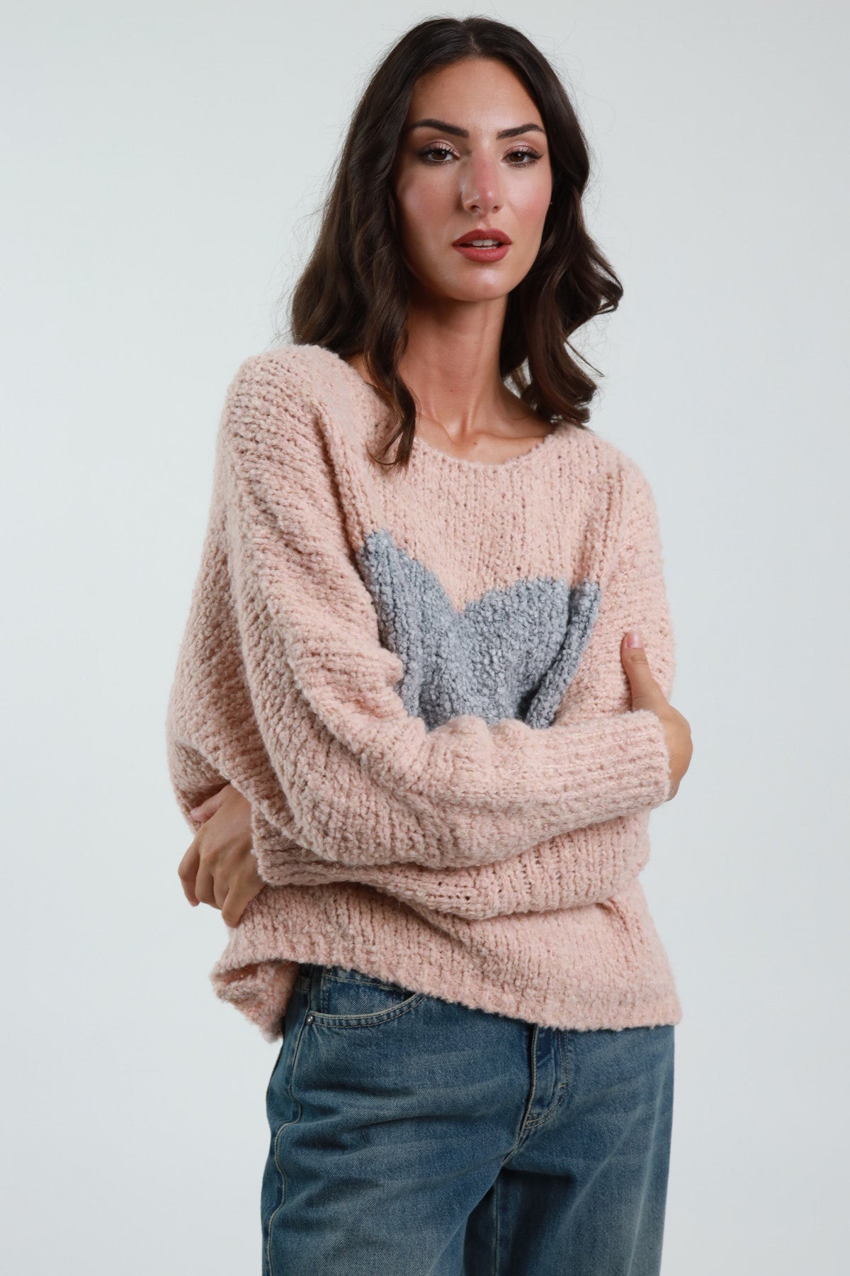 Boat Neck Sweater with Contrasting Heart Center – Soft Blend Fabric