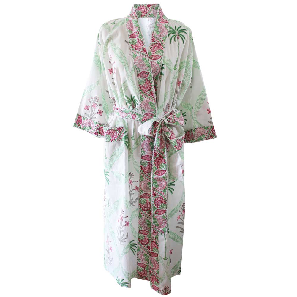 Floral Pink Palm Dressing Gown for sale - Woodcock and Cavendish