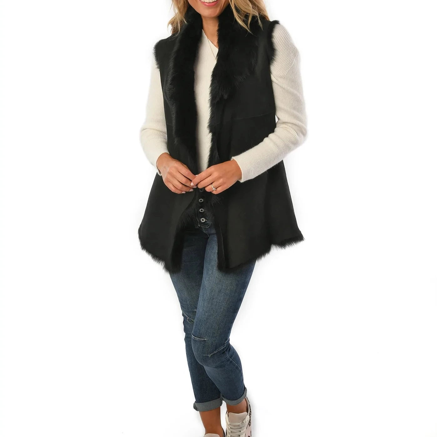 Women's Black Toscana Shearling Leather Sheepskin Gilet for sale - Woodcock and Cavendish