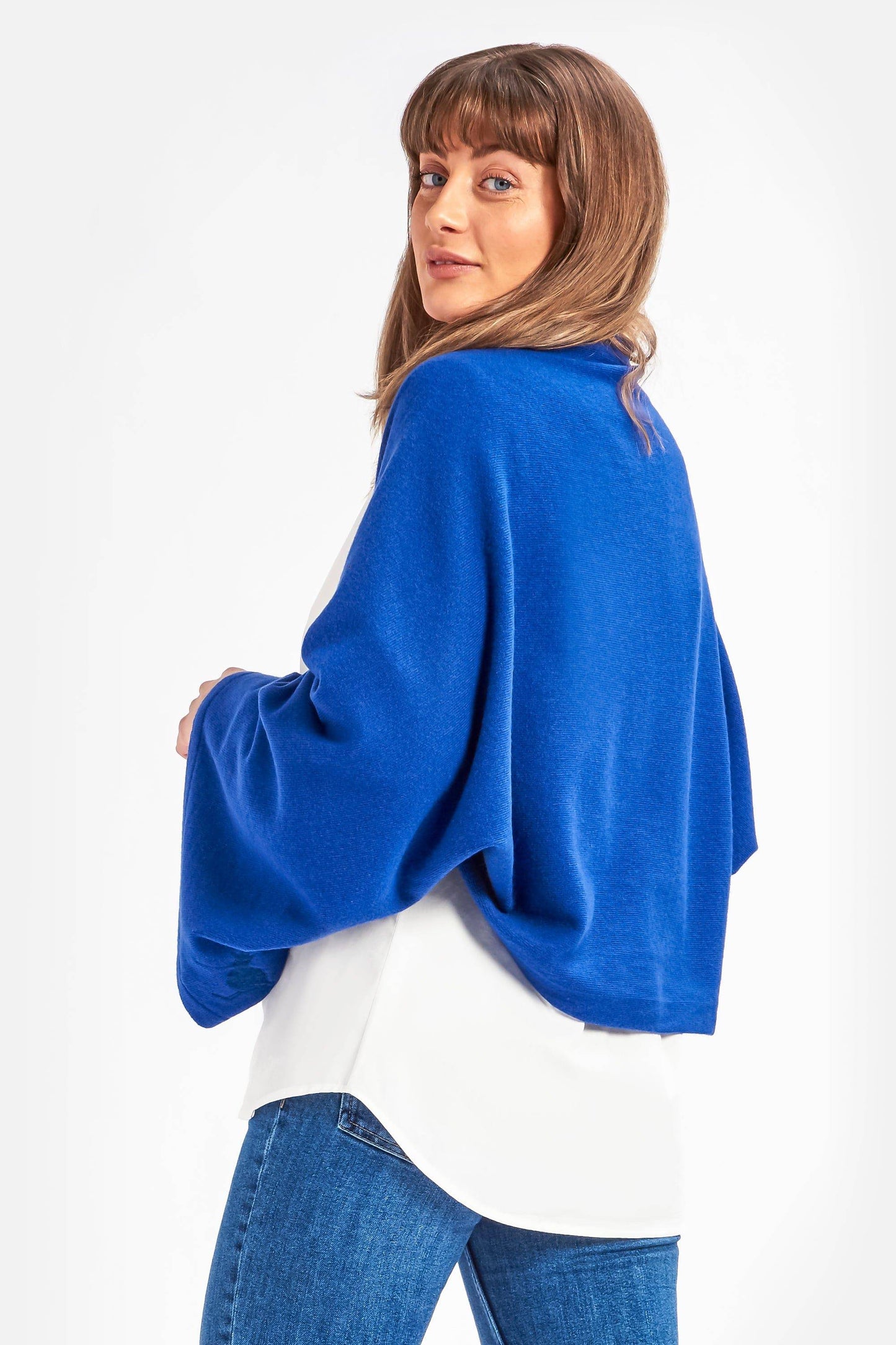 Cashmere & Merino Wool Long Length Button Poncho in Cobalt Blue by Woodcock & Cavendish for sale - Woodcock and Cavendish