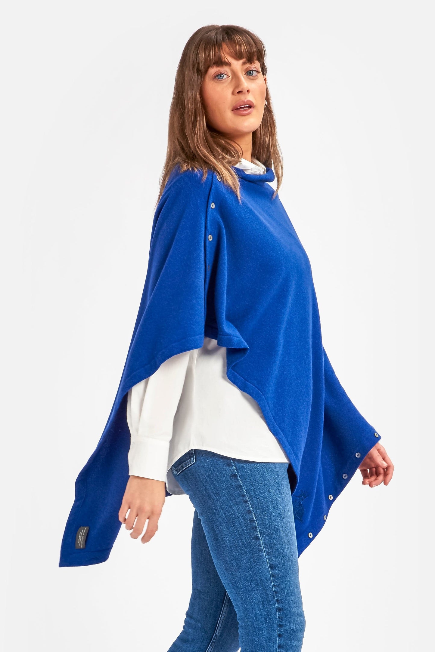 Cashmere & Merino Wool Long Length Button Poncho in Cobalt Blue by Woodcock & Cavendish for sale - Woodcock and Cavendish