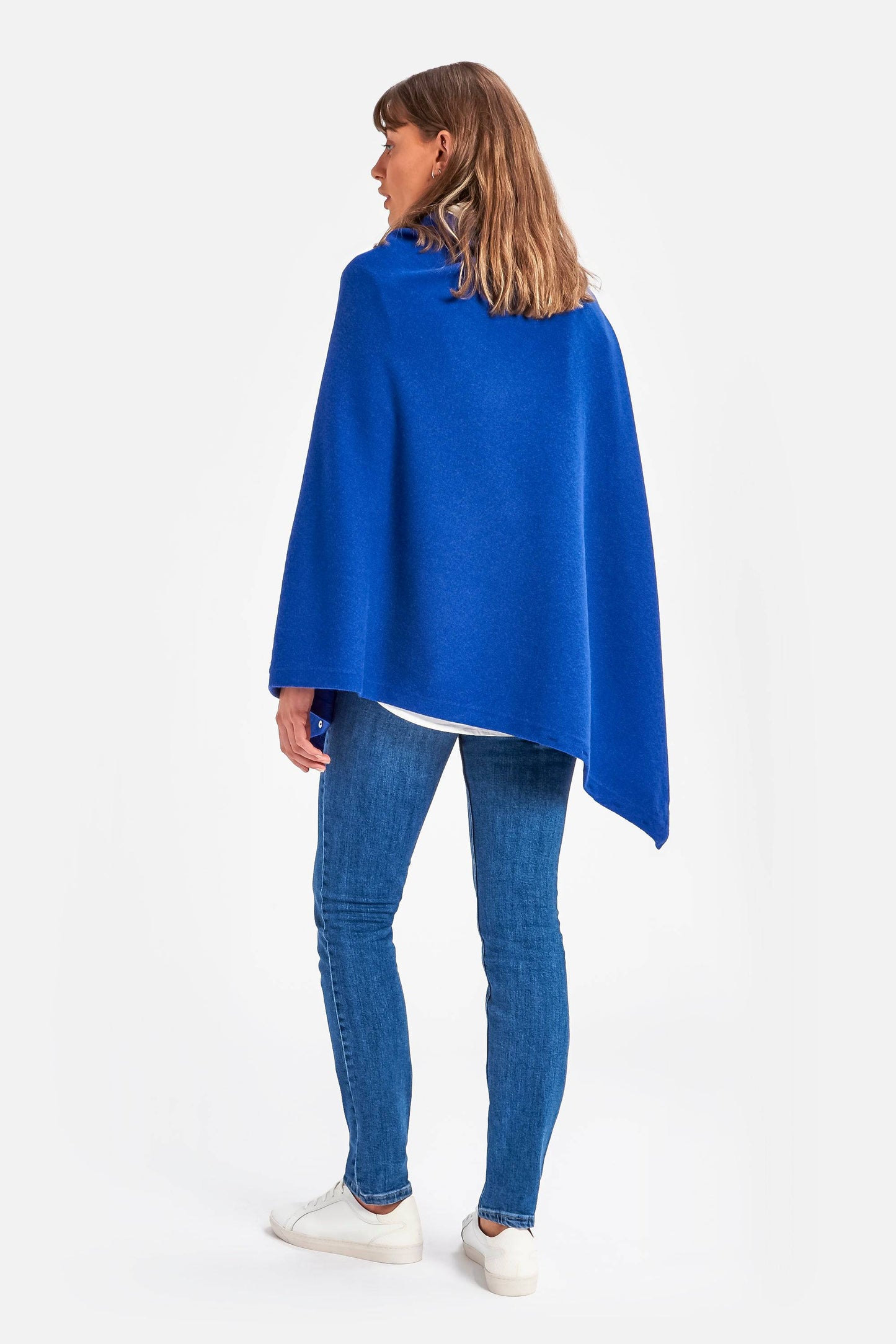 Cashmere & Merino Wool Long Length Button Poncho in Cobalt Blue by Woodcock & Cavendish for sale - Woodcock and Cavendish