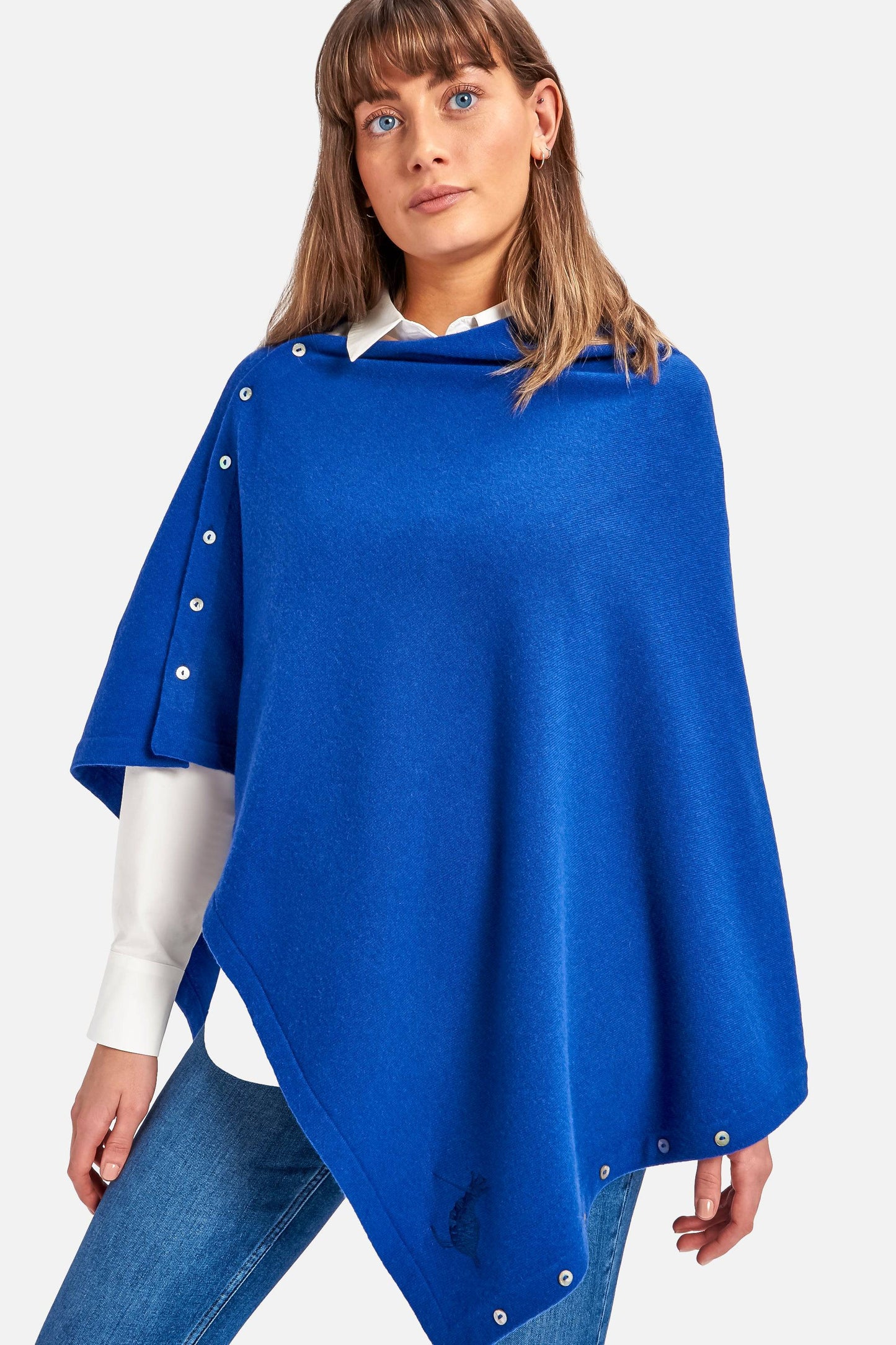 Cashmere & Merino Wool Long Length Button Poncho in Cobalt Blue by Woodcock & Cavendish for sale - Woodcock and Cavendish