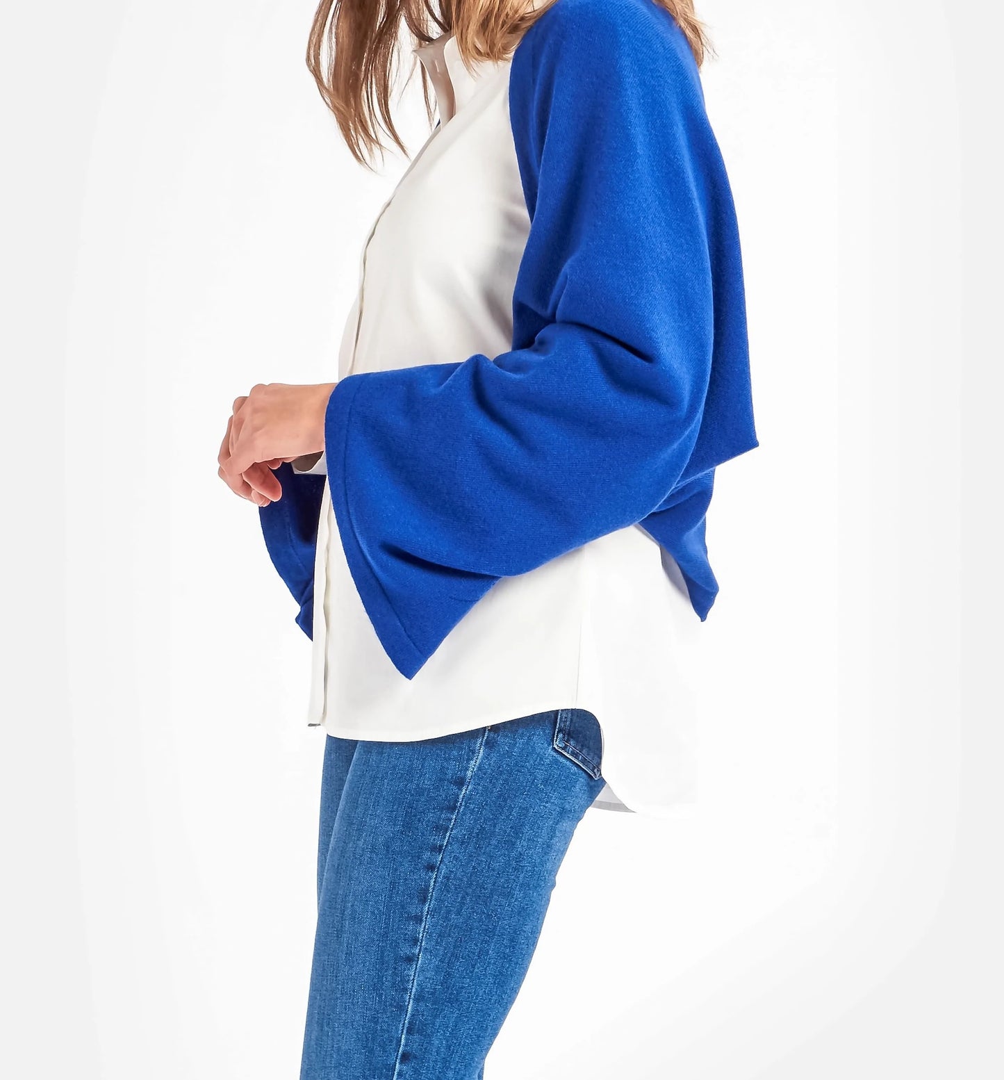 Cashmere & Merino Wool Short Length Button Poncho in Cobalt Blue by Woodcock & Cavendish for sale - Woodcock and Cavendish