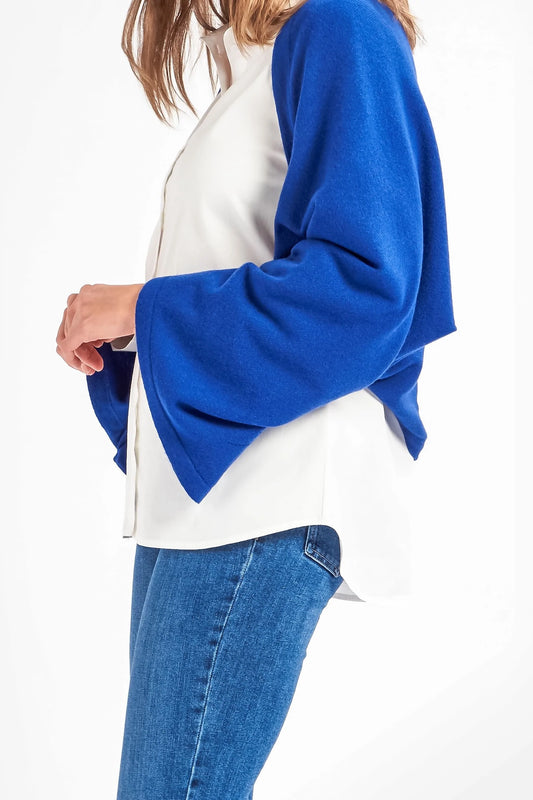 Cashmere & Merino Wool Short Length Button Poncho in Cobalt Blue by Woodcock & Cavendish for sale - Woodcock and Cavendish
